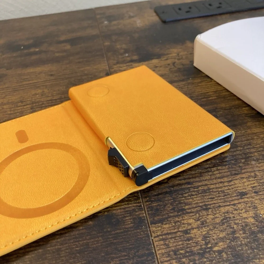 Me's Wallet Chrome Yellow Orange Front Pocket Card Pop-Up RFID w Finder Tag Spot